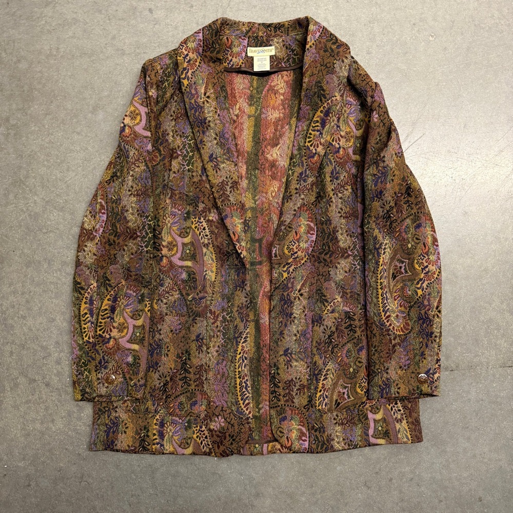 TravelSmith Womens M Paisley Tapestry Blazer Open Front Brown Purple Boho 4216